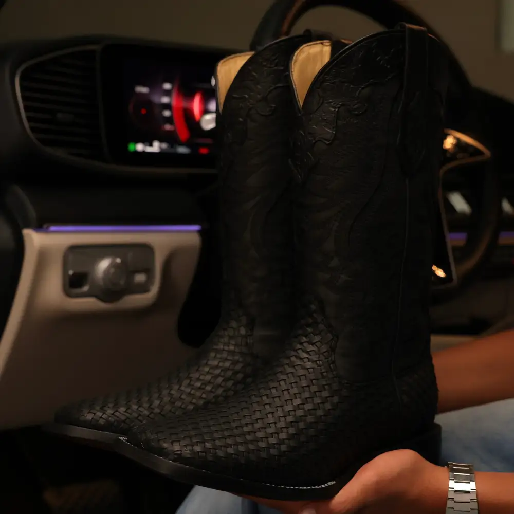 Black Basketweave Leather Boots — Square Toe