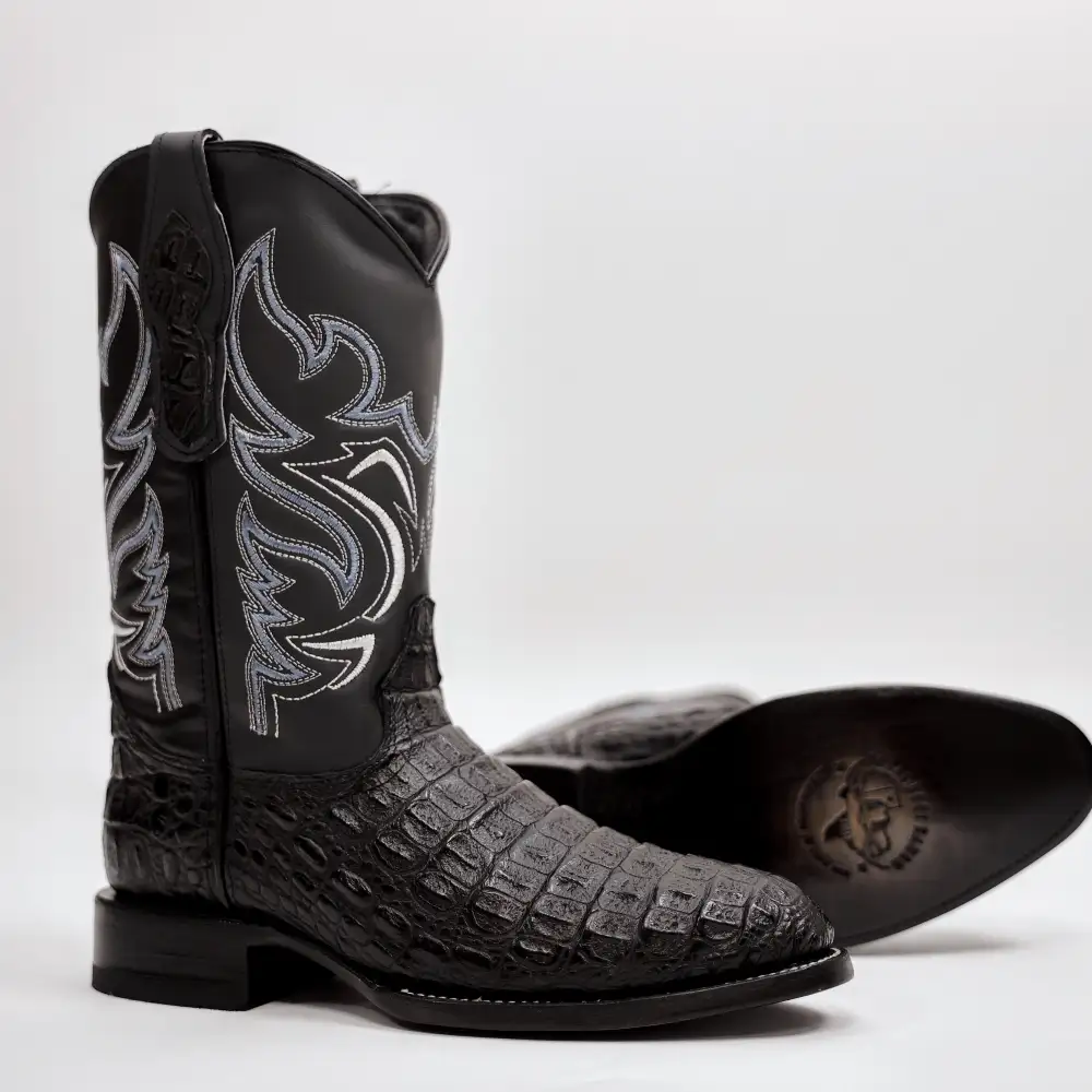 Black Caiman Hornback Leather Boots - Round Toe