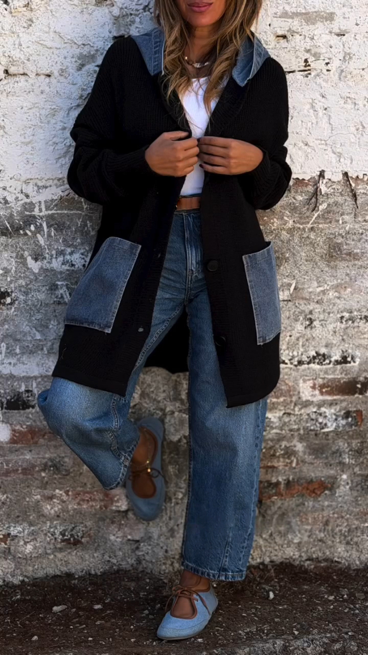 Women Hooded Patchwork Denim Casual Cardigan