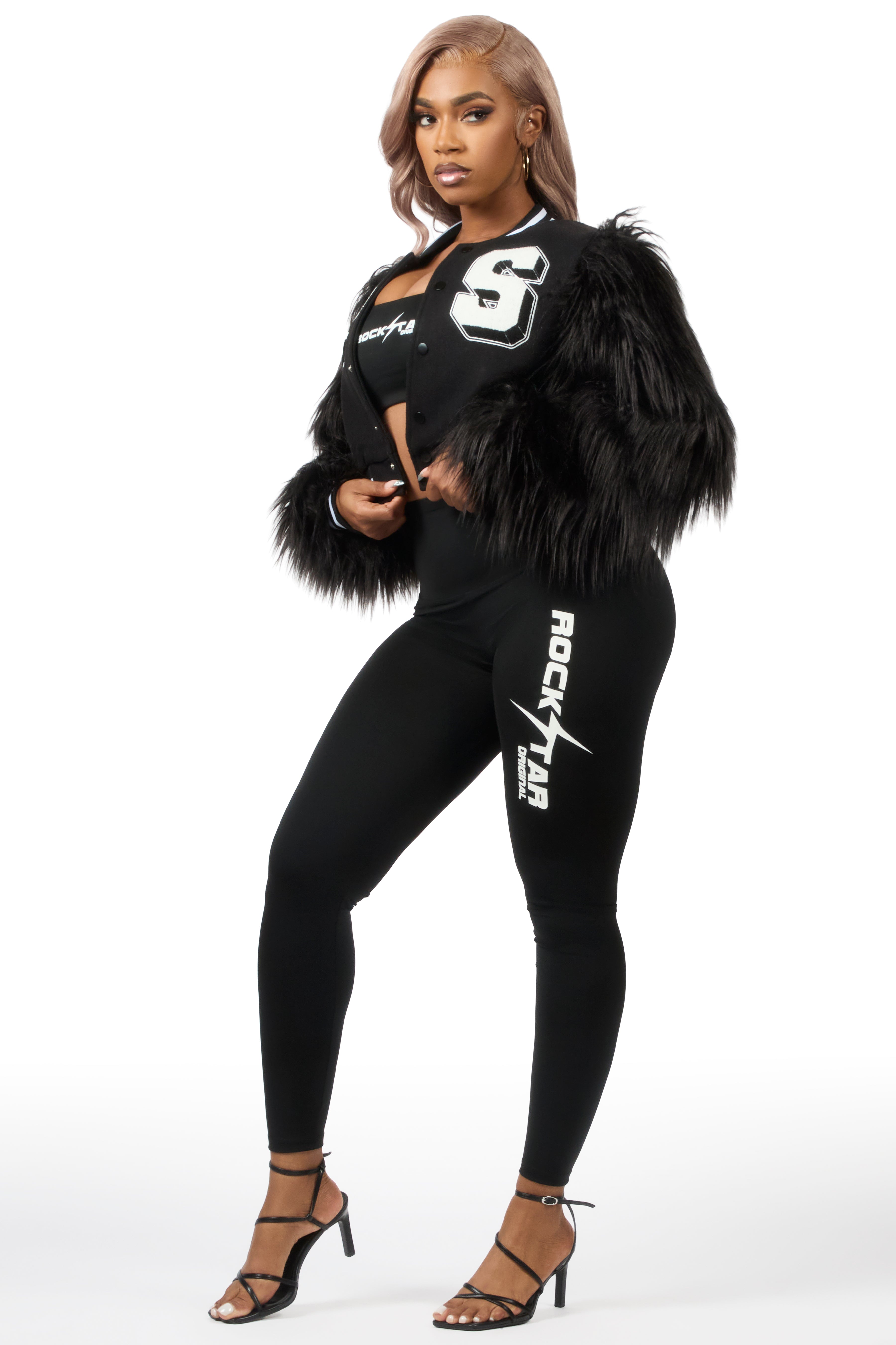 Jameicia Black Fur Sleeve Varsity Jacket