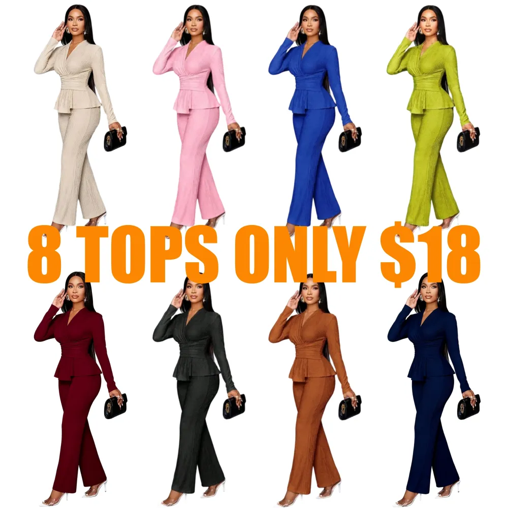Elegant V-Neck Long Sleeve Top & Wide Leg Pants Set