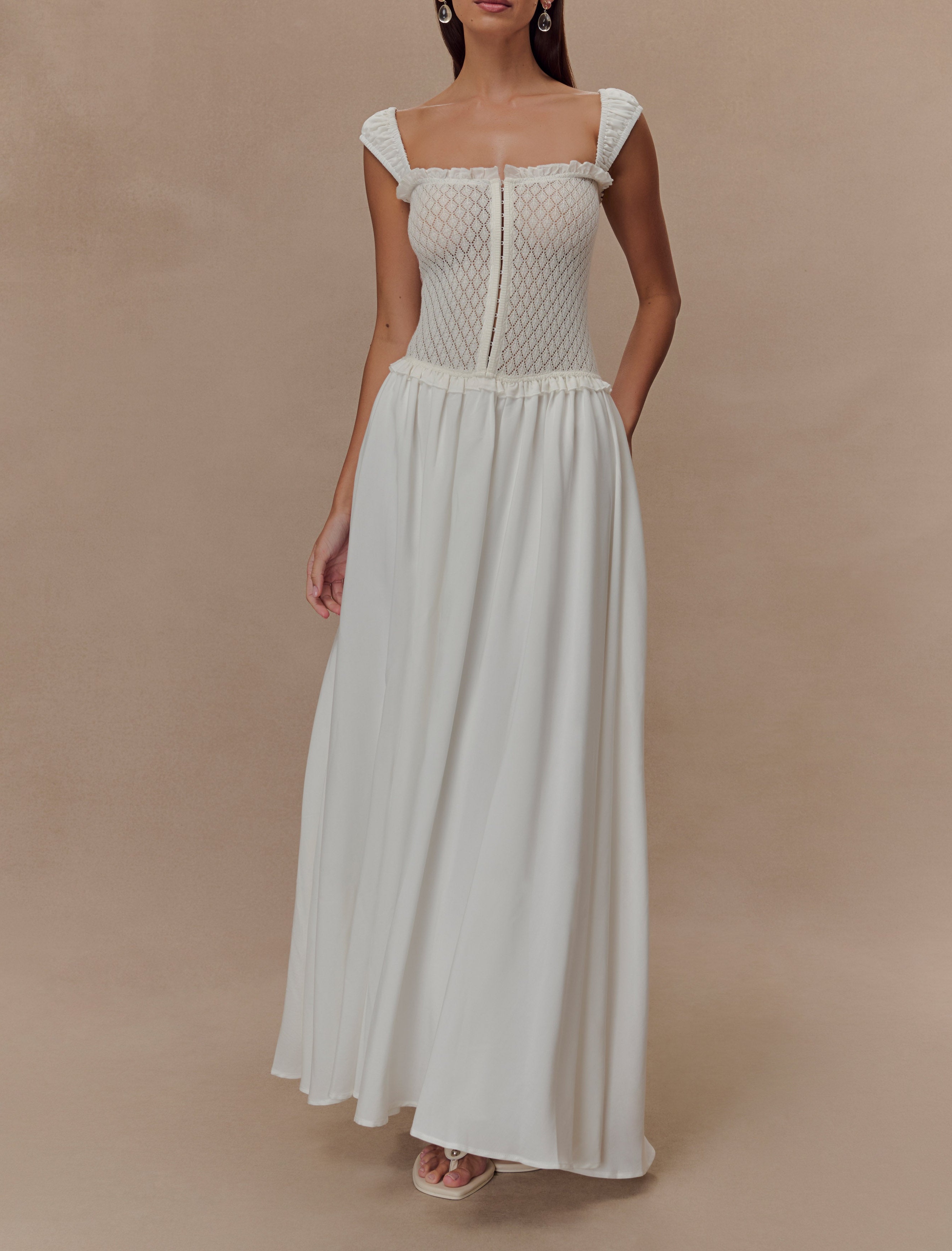 White Pointelle Knit Midi Dress