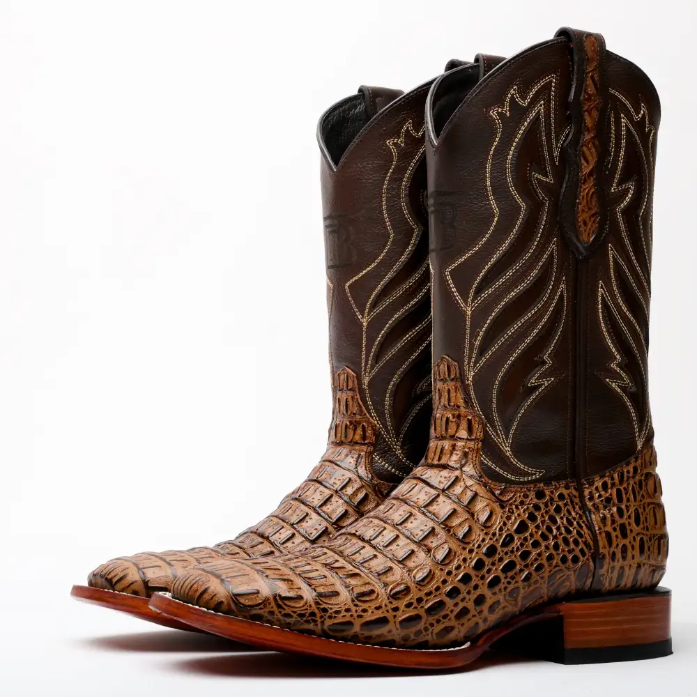 Honey Caiman Hornback Leather Boots - Square Toe