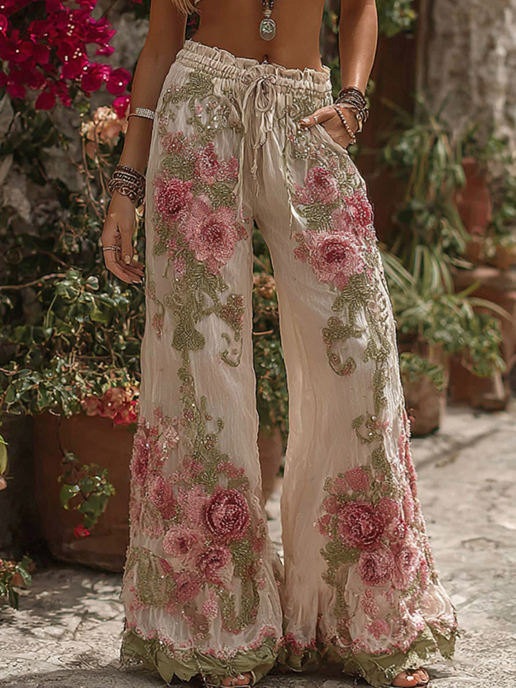 Classic Bohemian Pink Rose Vintage Elastic Waistband Casual Pants