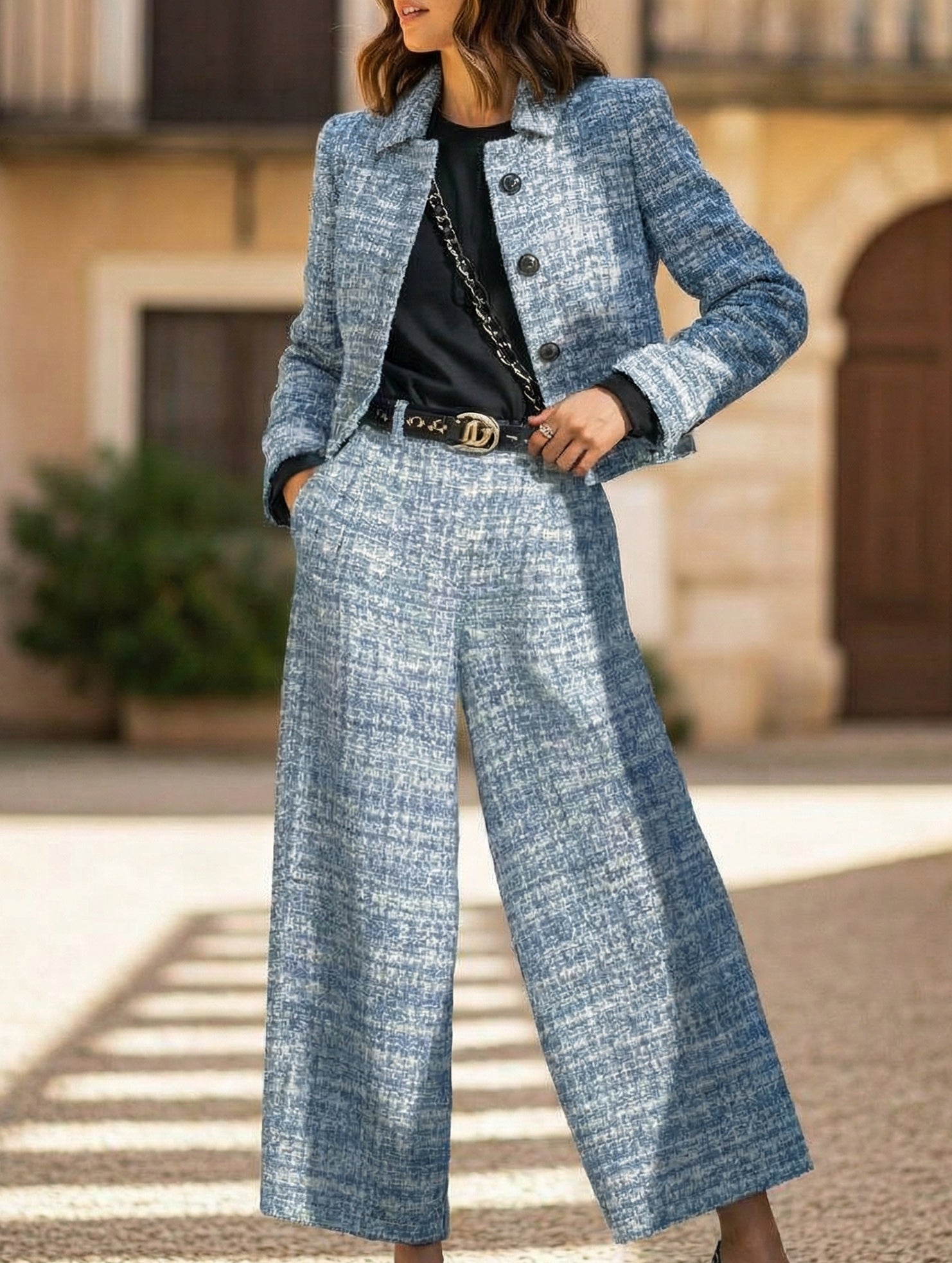 Women's Lapel Slim Fit Short Jacket and Pants Set_CWSS01458