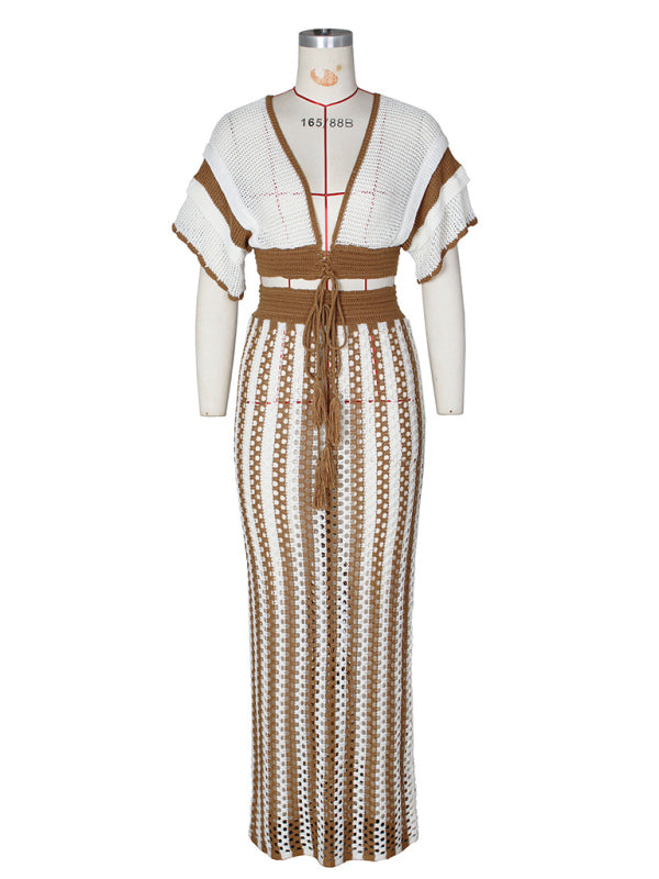 Deep V-Neck Hollow Knit Striped Floor Length Dress