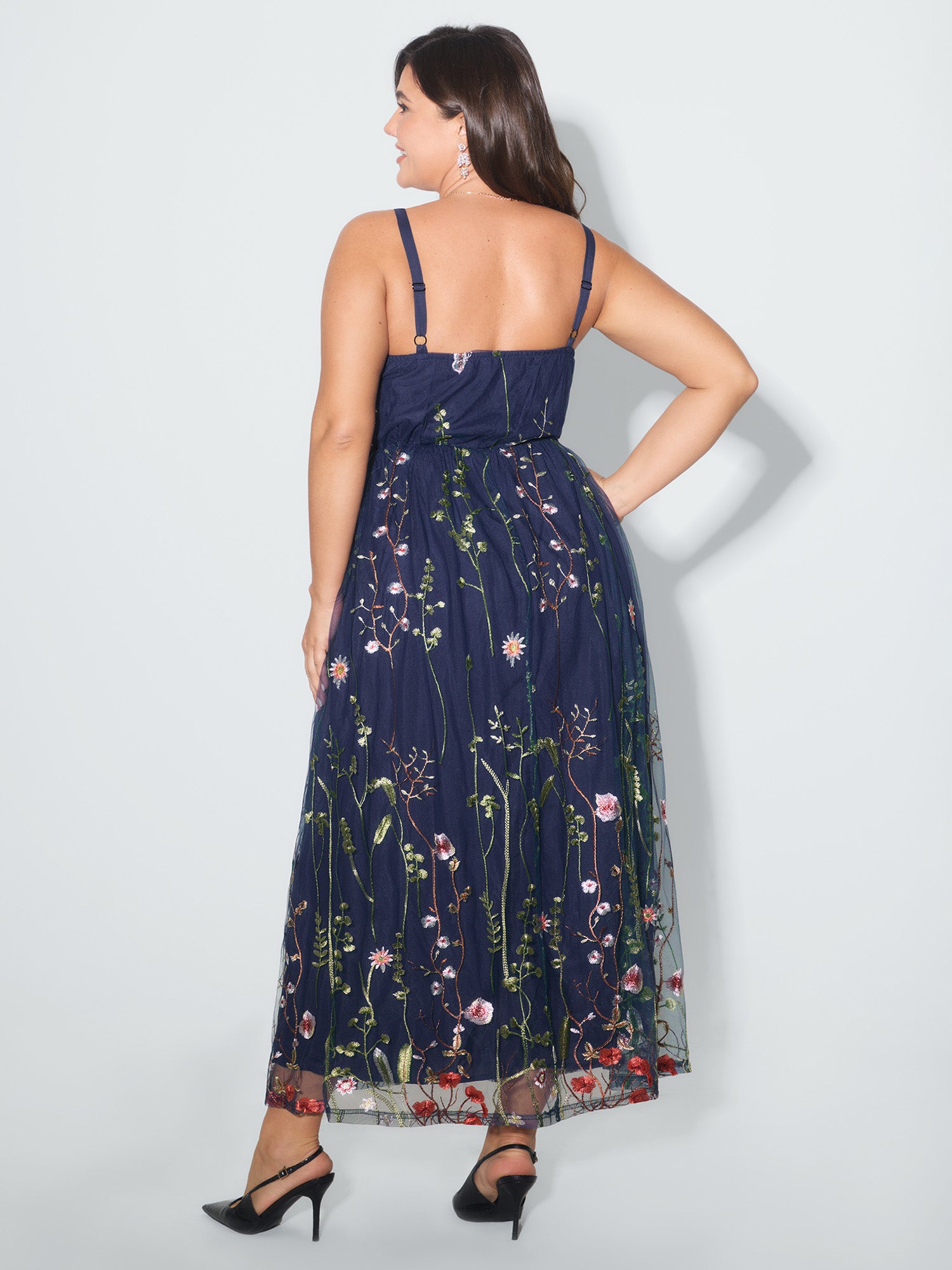 U Neck Floral Embroidered Mesh Cami Dress