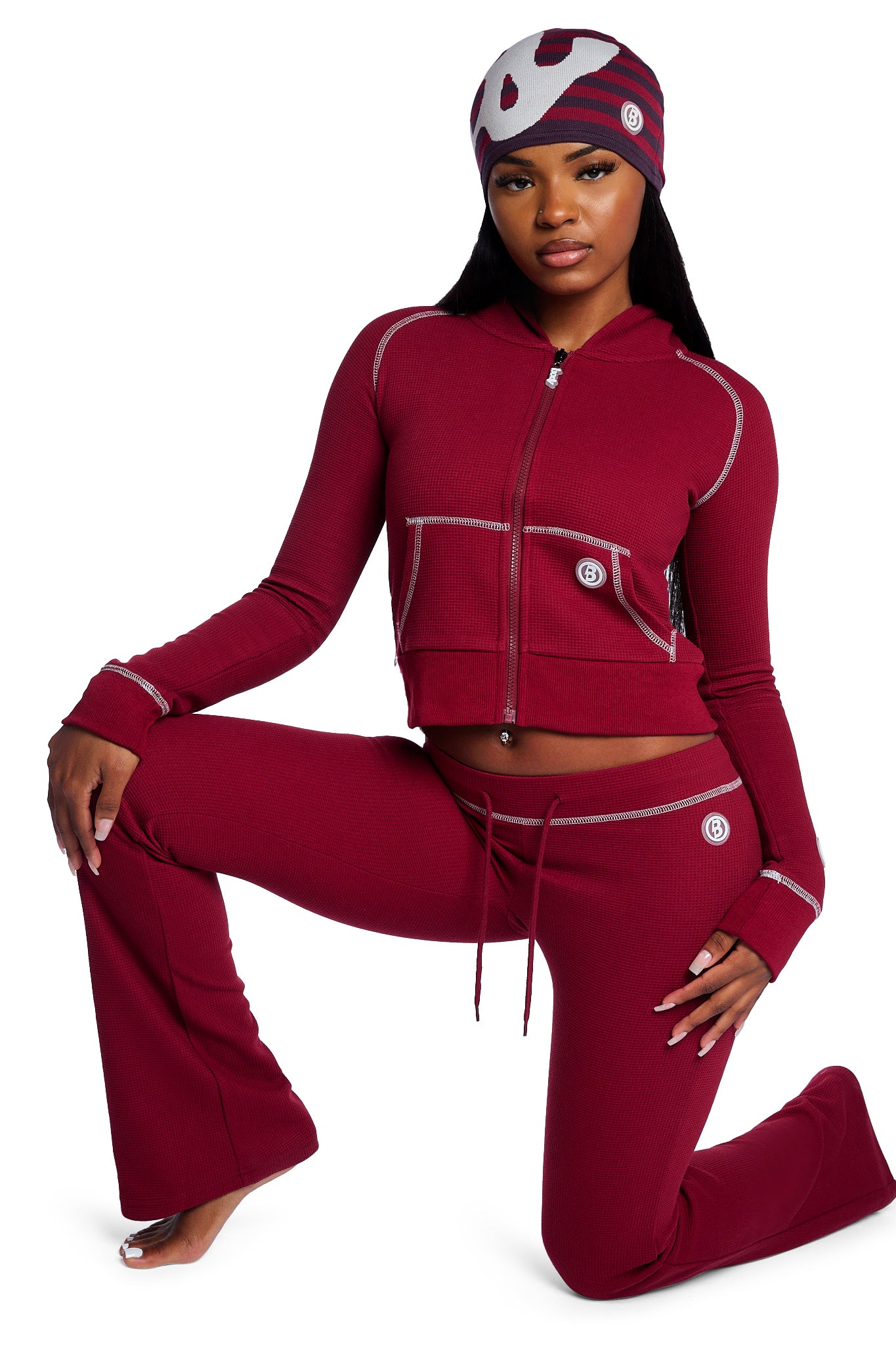 STRIPED KNIT BEANIE (MAROON/SLATE)