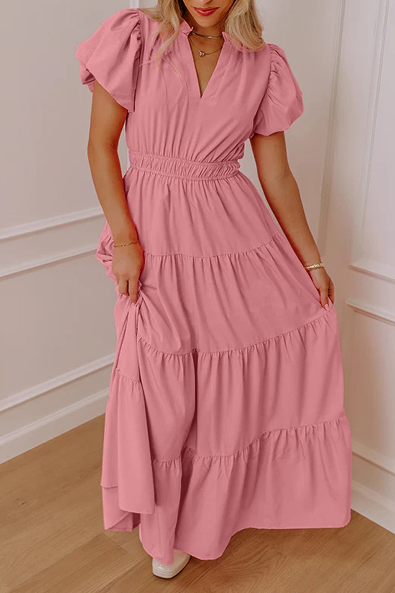 Coral Solid Color V Neck Short Puff Sleeve High Waist Tiered Maxi Dress