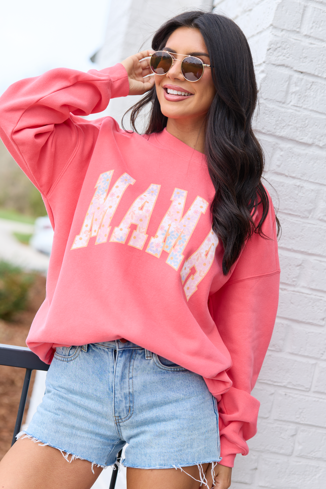 Mama Multi Daisy Print Light Red Graphic Sweatshirt