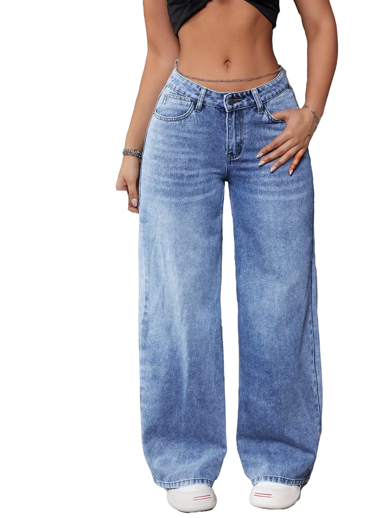 Women’s Elastic Waist Stacked Denim Jeans – Button Front, Pockets, High-Waisted Casual Straight Leg Pants