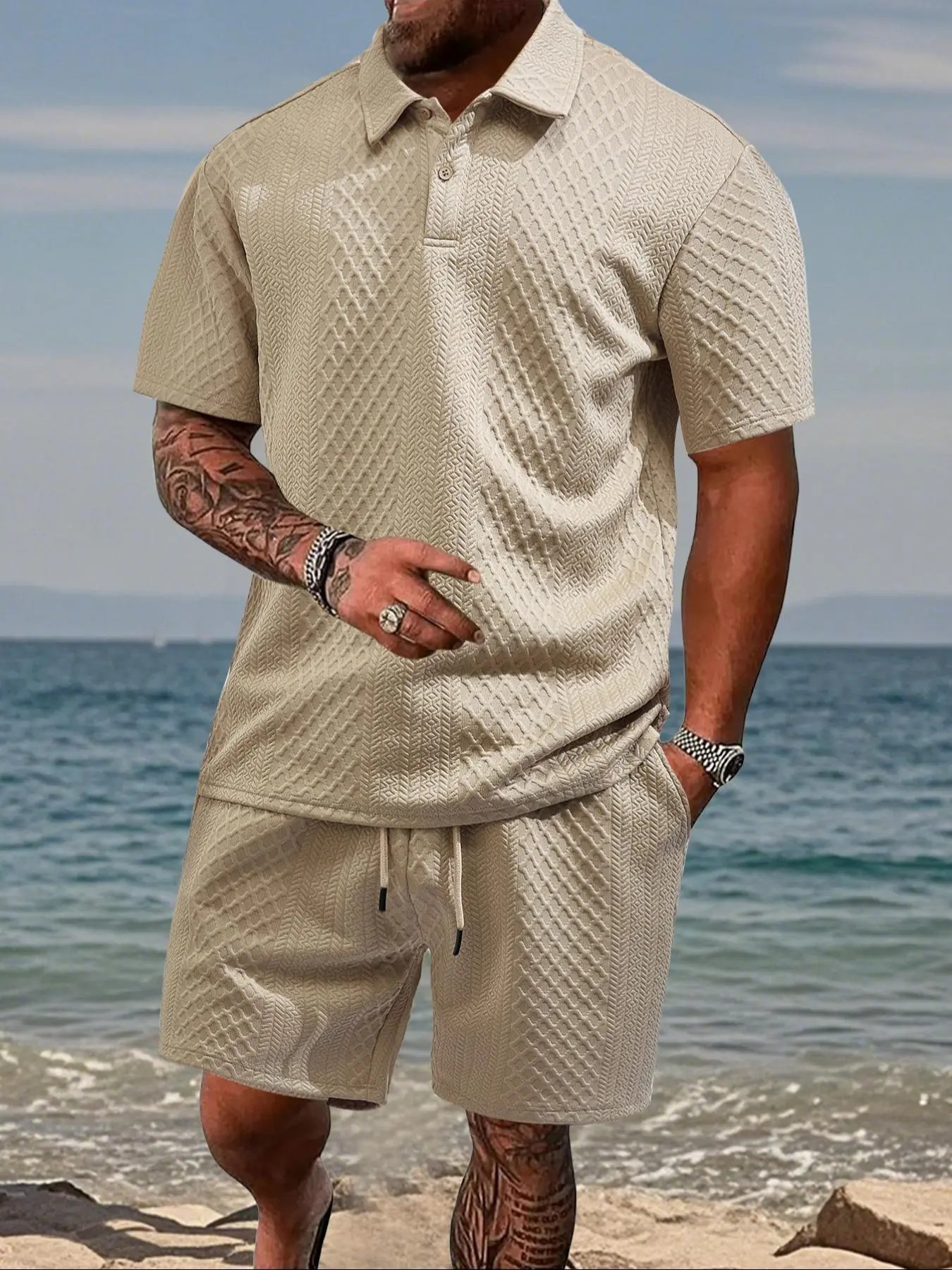 Men’s Polo Shirt & Drawstring Shorts Set – Breathable Casual 2-Piece Outfit