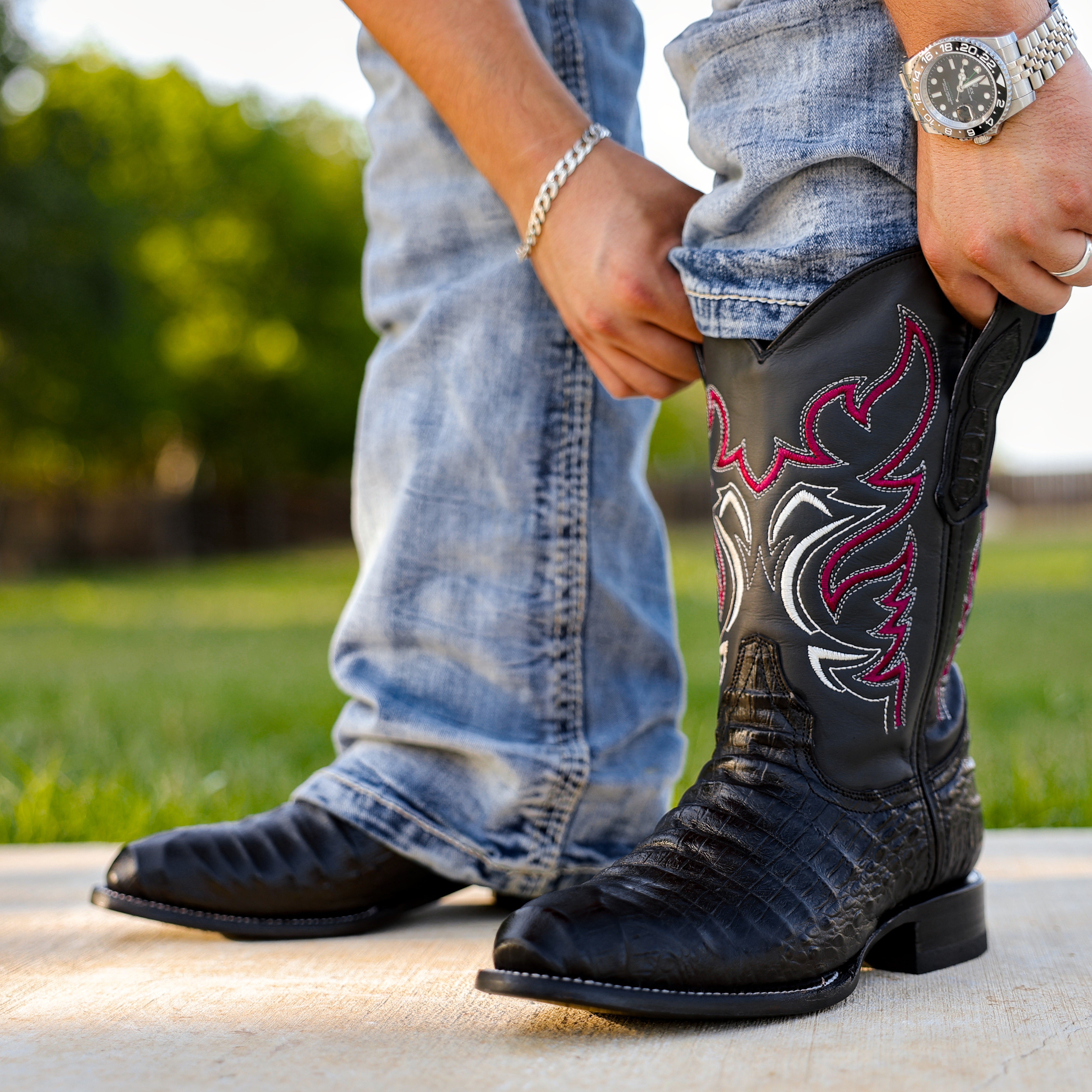 Black Caiman Belly Leather Boots - Round Toe