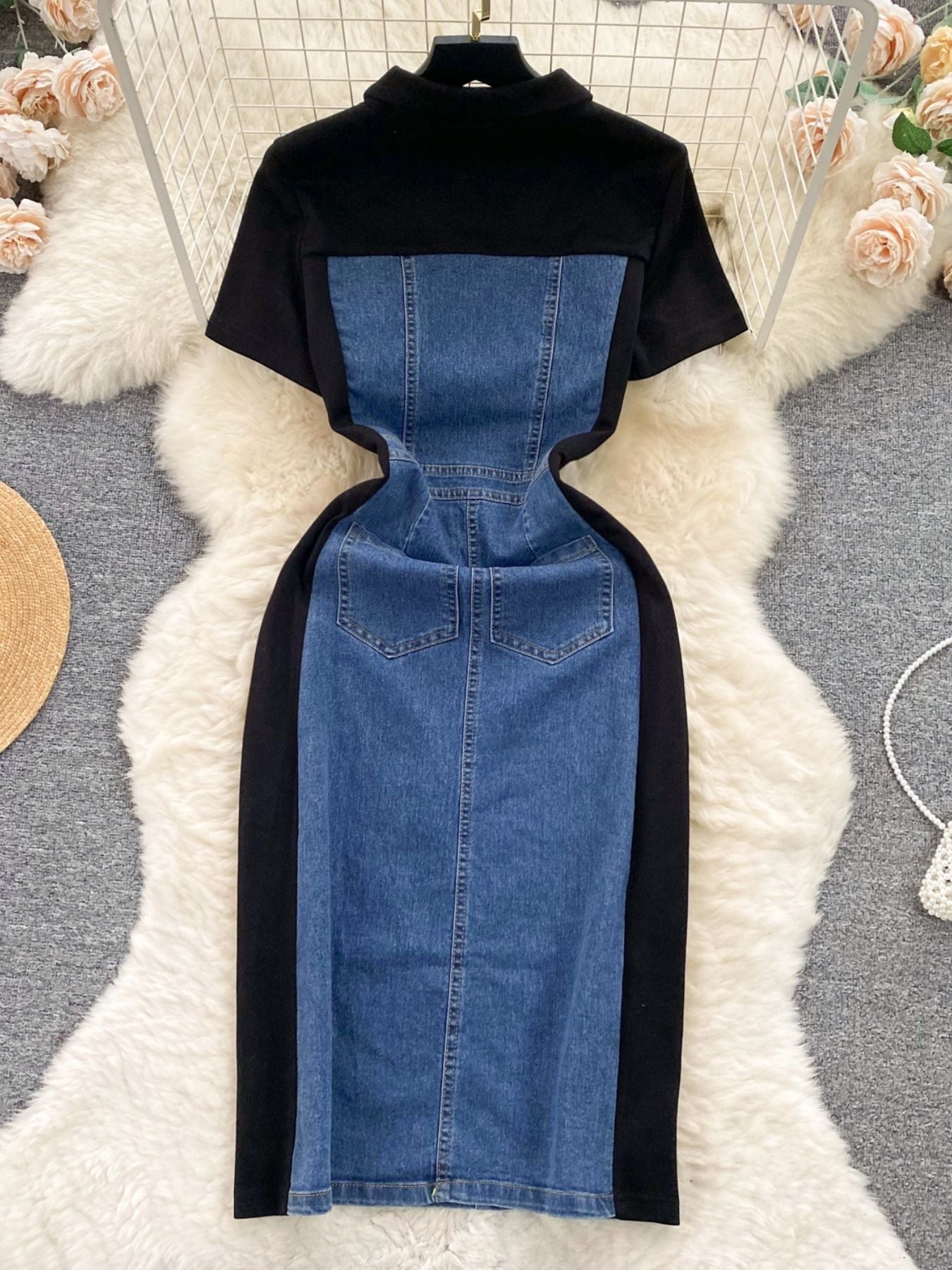 Full Size Color Block Denim Patchwork Bodycon Mini Dress Plus Size