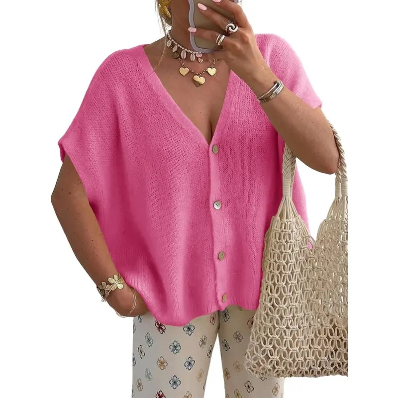 Womens Fall Oversized Cardigans Batwing Short Sleeve Lightweight Button V Neck Casual Knit Sweater Tops