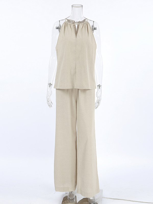 Loose Hollow Split-Joint Halter-Neck Vest + Elasticity High Waisted Pants Trousers Two Pieces Set