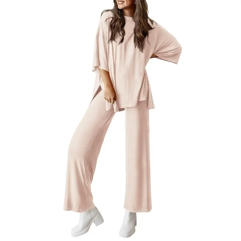 Women's 2-Piece Outfits Short Sleeve Pullover Tops Split Hem Wide Leg Pants Lounge Sets