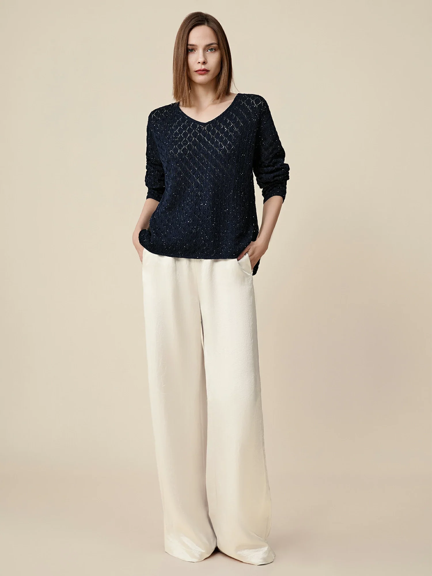 Lyocell & Linen Openwork Sequin Knitted Top