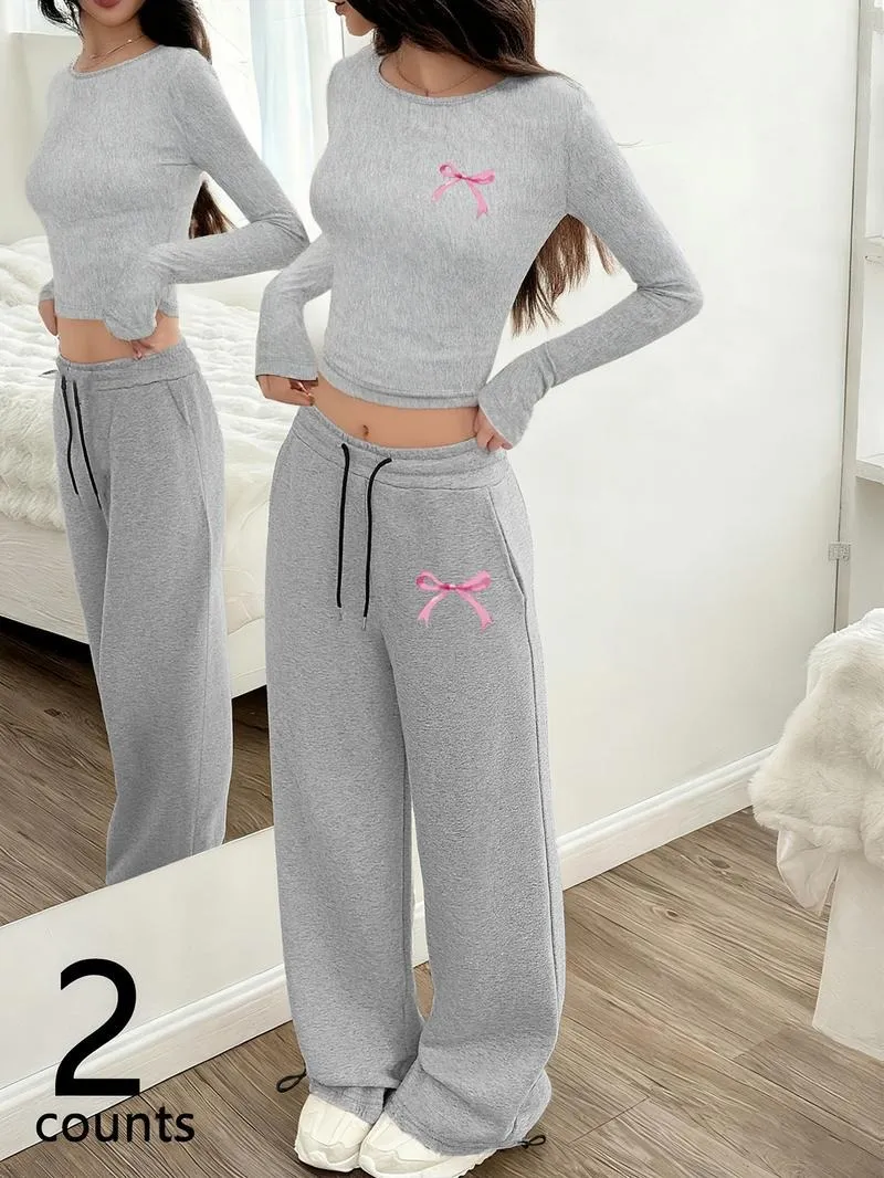 Two-Piece Set Women's Bowknot Print Regular Fit Round Neck T-shirt And Pants
