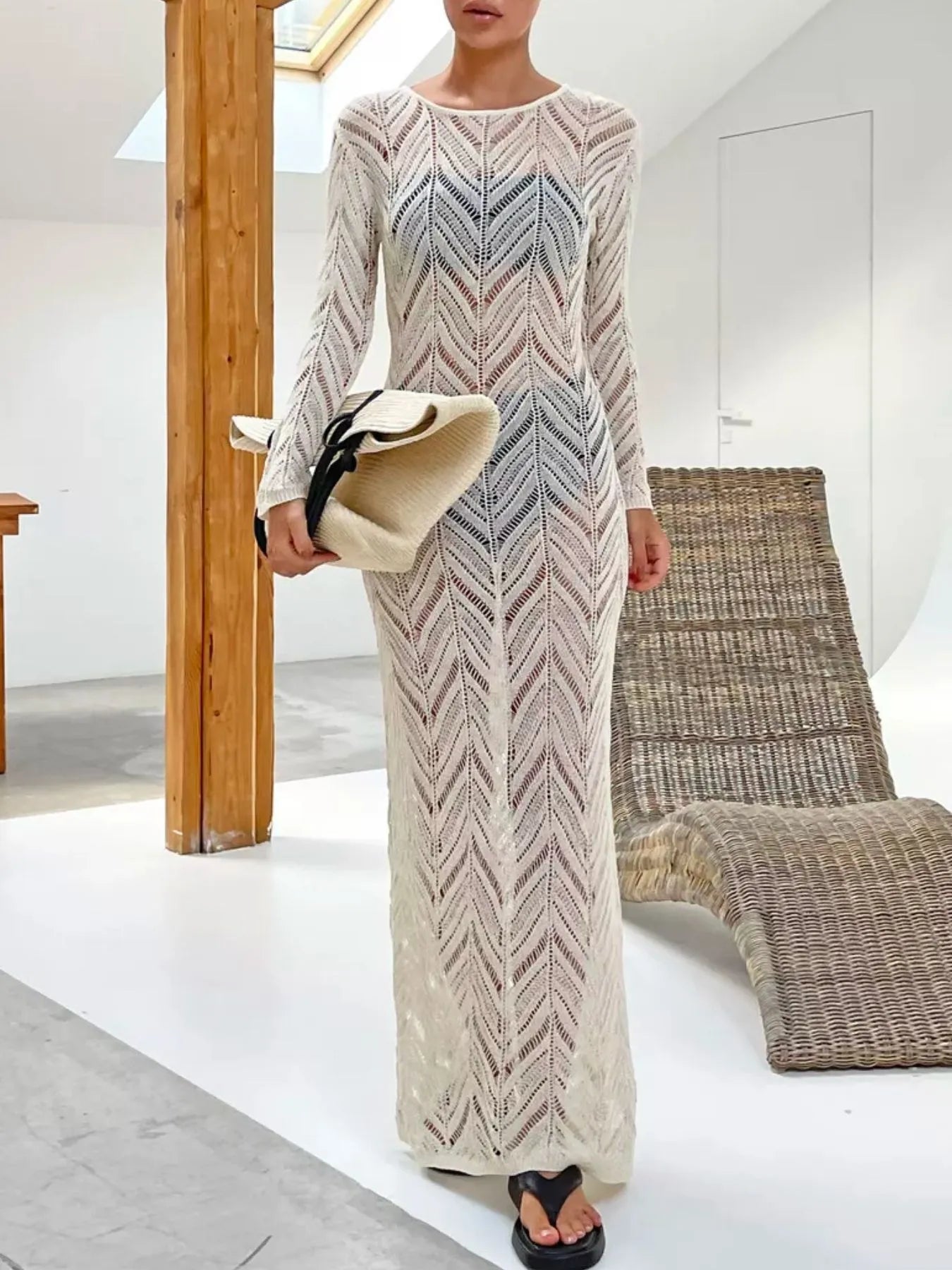 Openwork Long Sleeve Knit Cover Up Dress