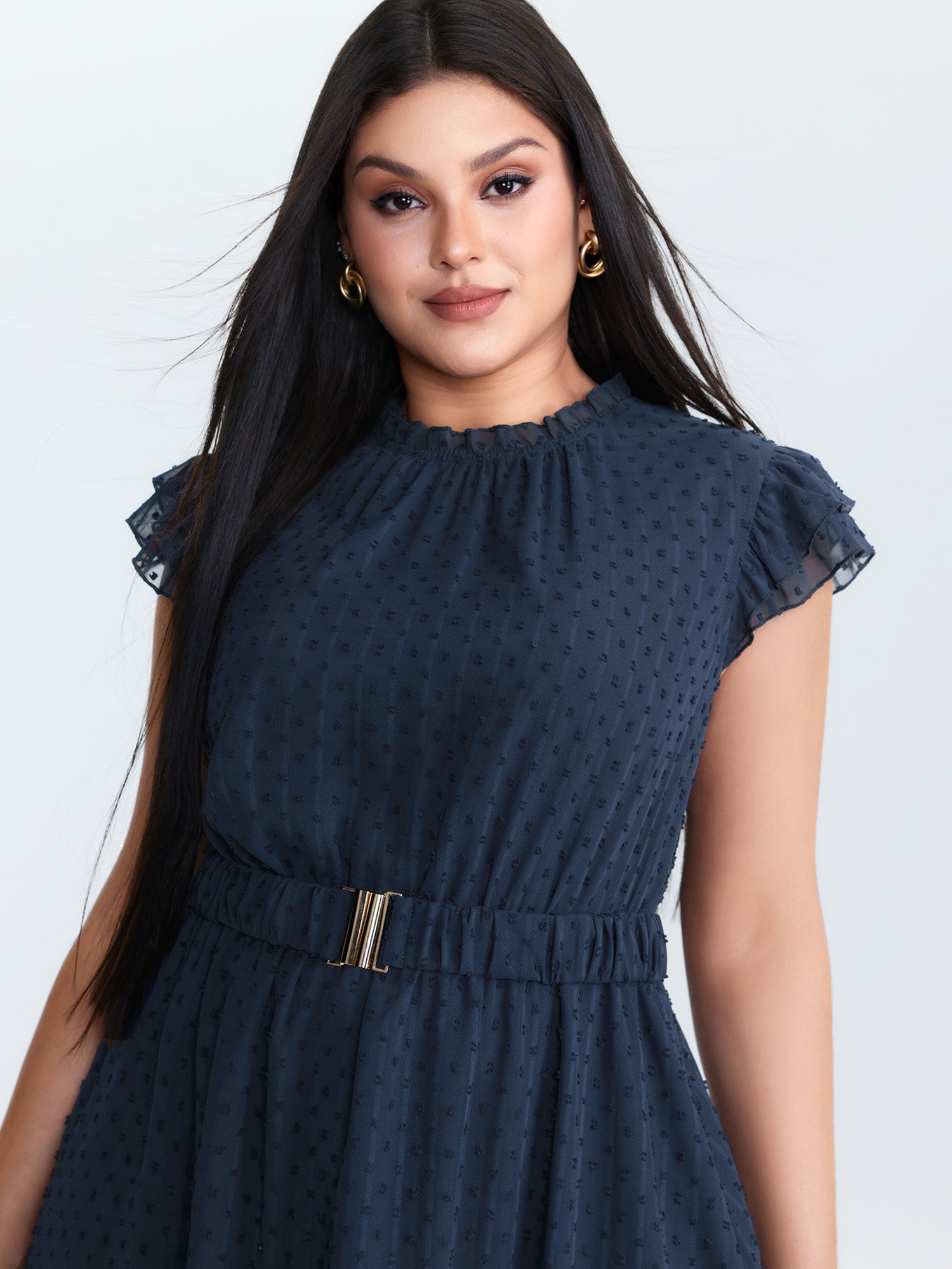 Textured Sheer Ruffled Mock Neckline Midi Dress