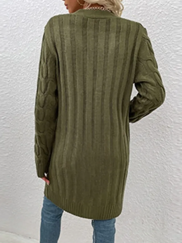 Women's Cardigan Sweater Cowl Cable Knit Faux Fur Button Pocket Summer Fall Long Daily Holiday Going out Stylish Casual Soft Long Sleeve Solid Color Black Yellow Light Green S M L