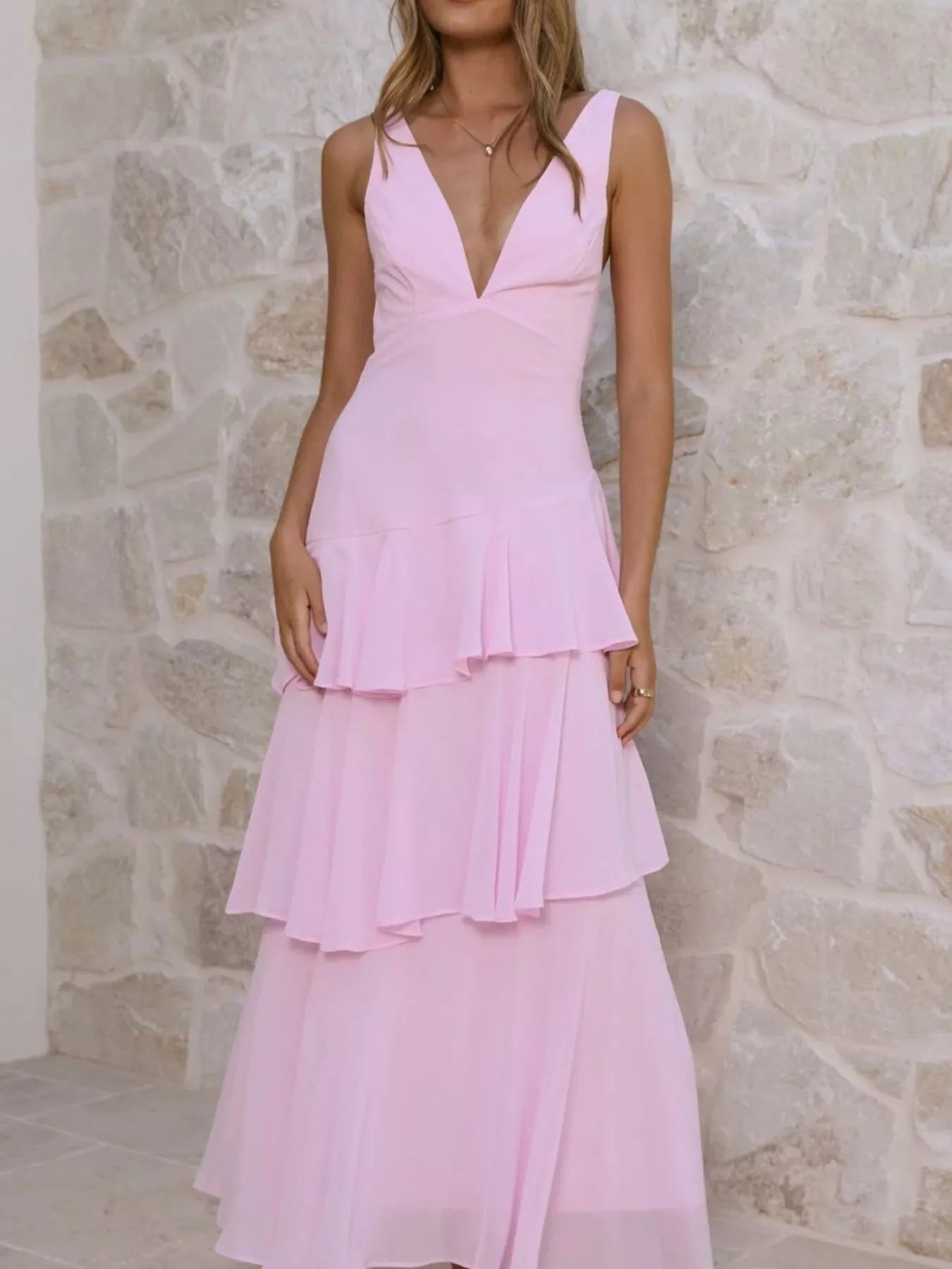 Sleeveless Ruffled Layered Backless Maxi Dress