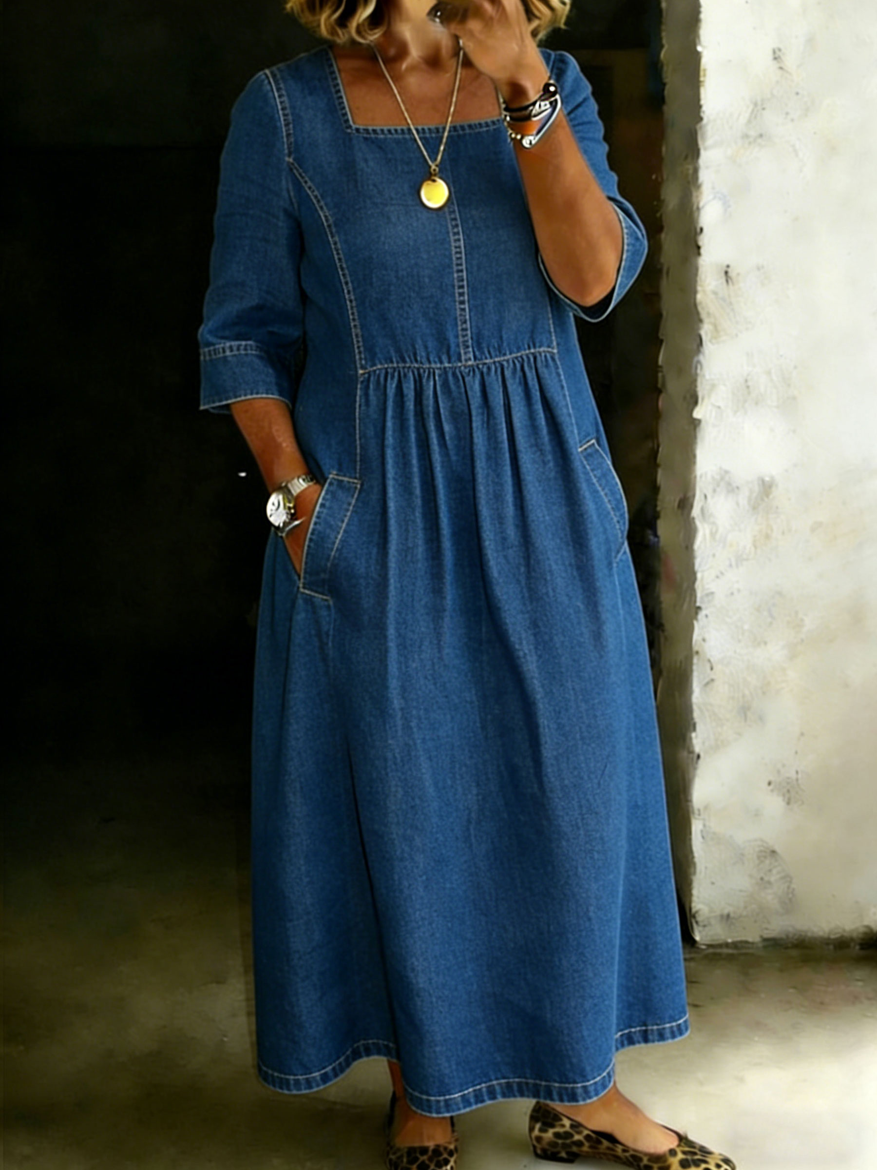 Women's Vintage Square Neck Solid Color Casual Denim Pocket Long Dress