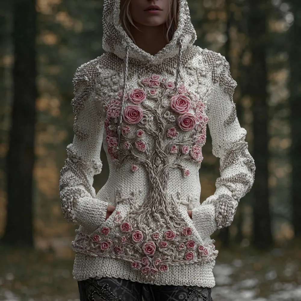 Women's Viking Style Tree Of Life Beaded Beige Fashionable Hooded Sweater