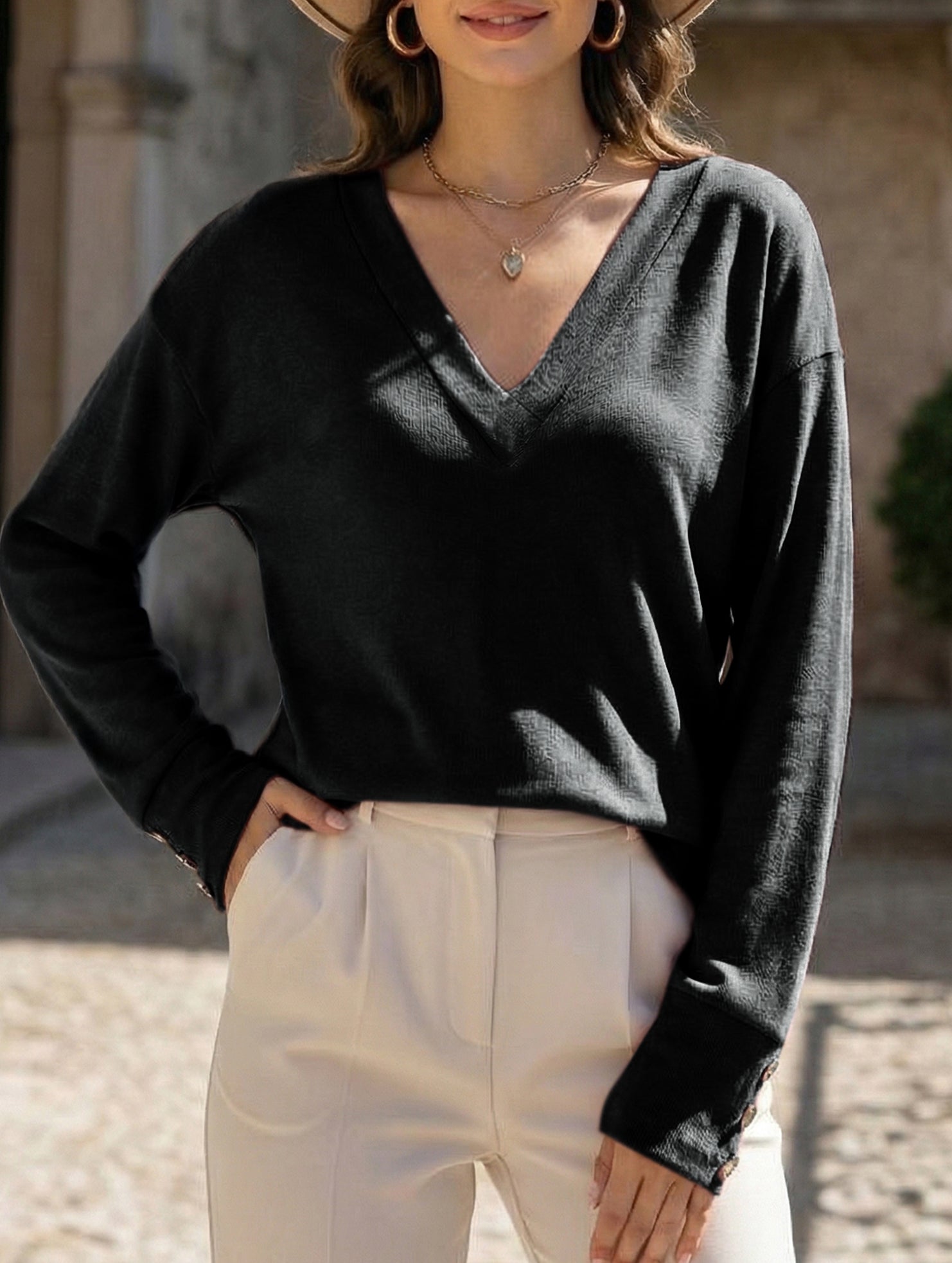 Solid V Neck Button Loose Long Sleeve Tee_CWTTL01231