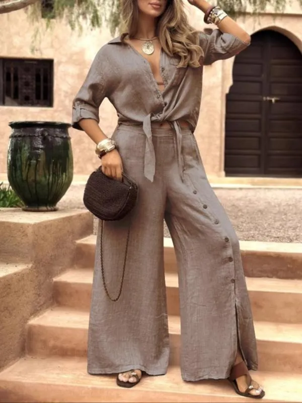 Women's Long Sleeve Loose Fit Shirt Set with Tie Hem, Single Button Decorated Wide Leg Pants
