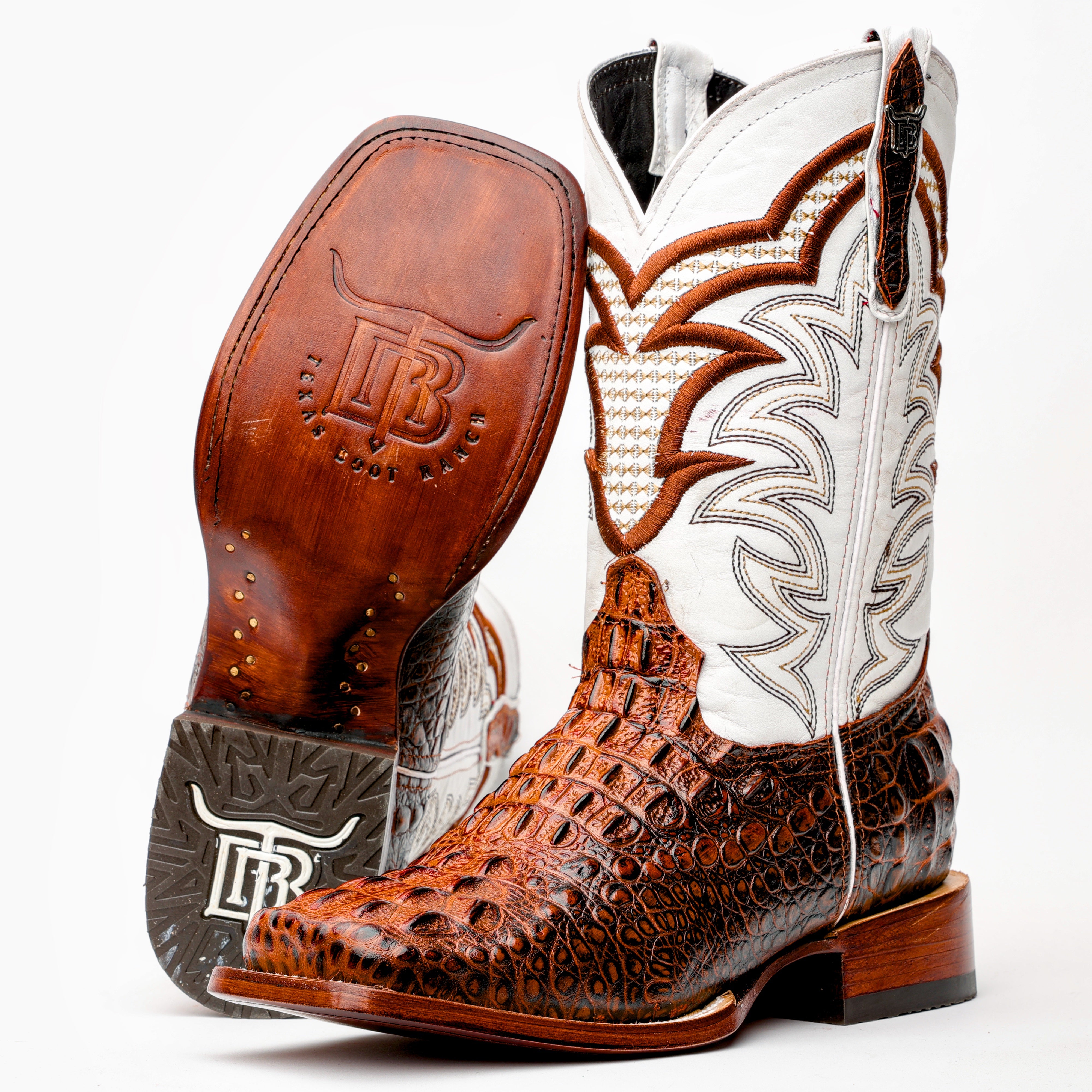 Cognac Caiman Neck Leather Boots - Square Toe