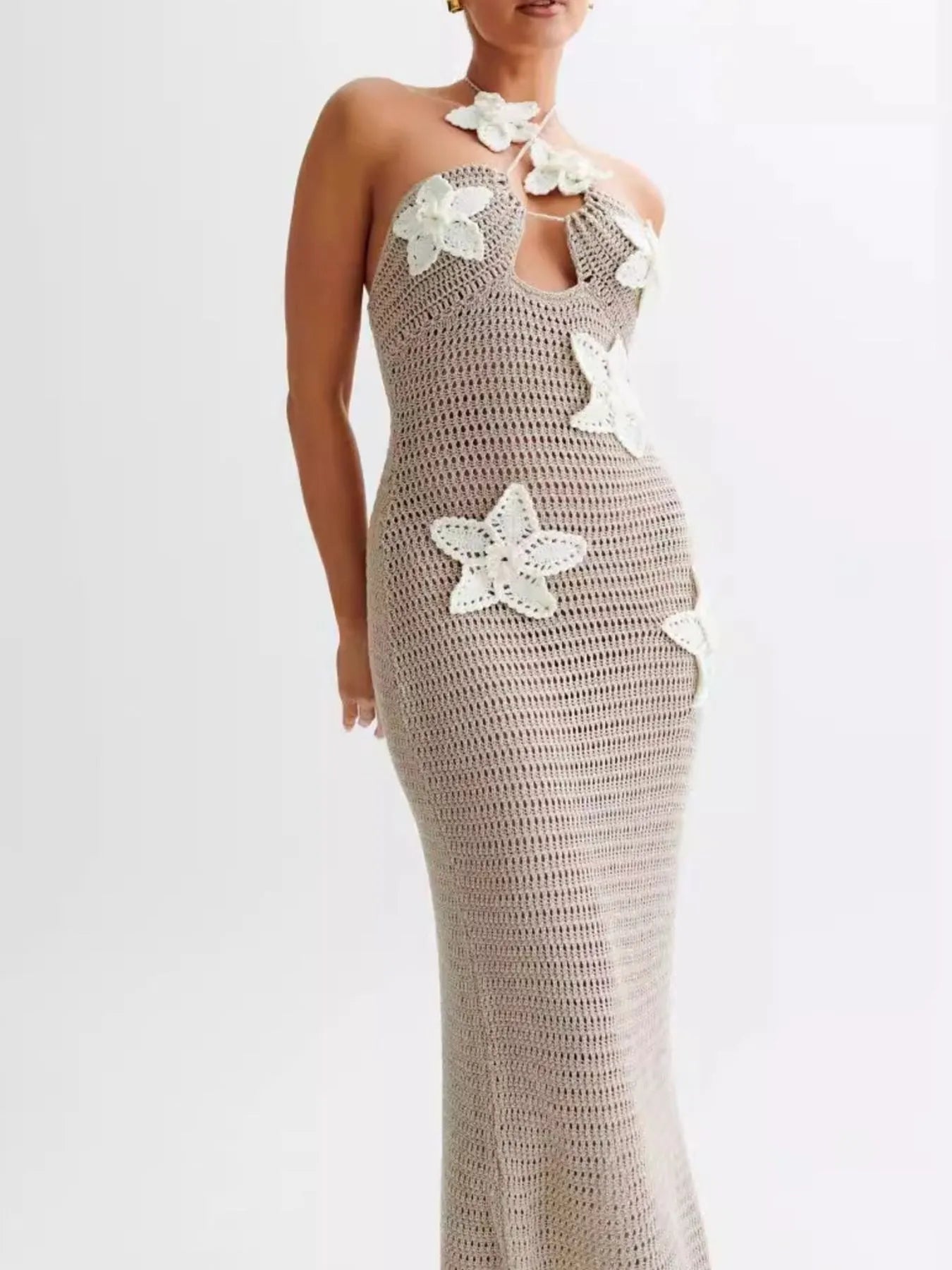 Crochet Floral Halter Knit Cover Up Dress