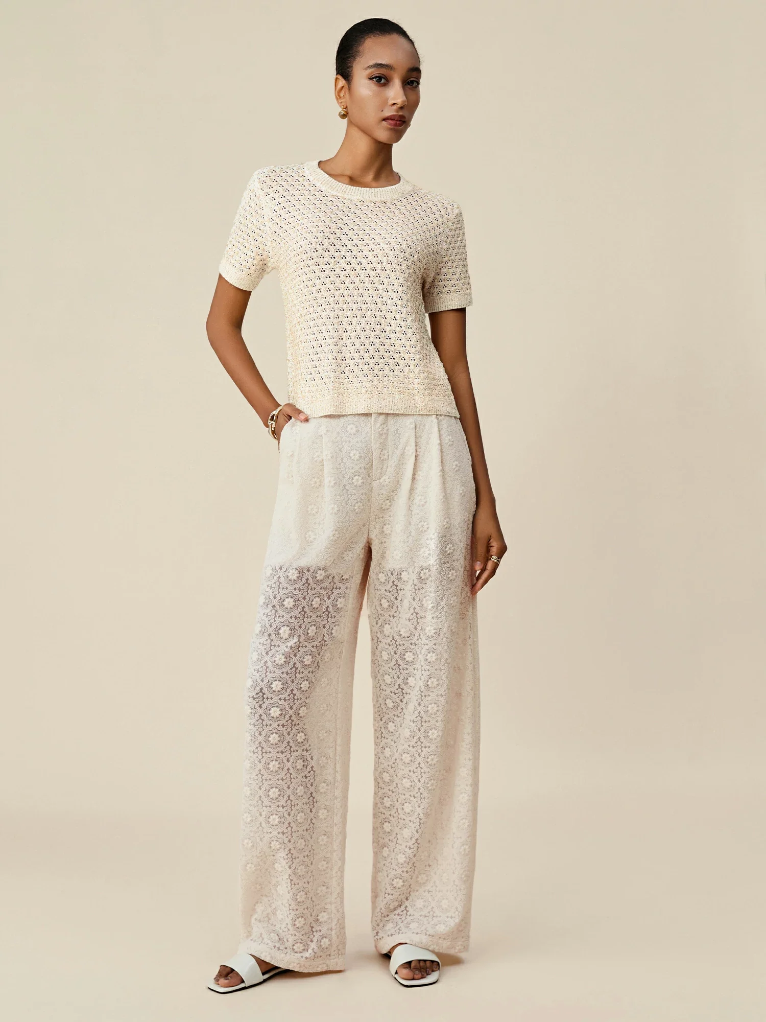 Mulberry Silk Openwork Sequin Knitted T-Shirt