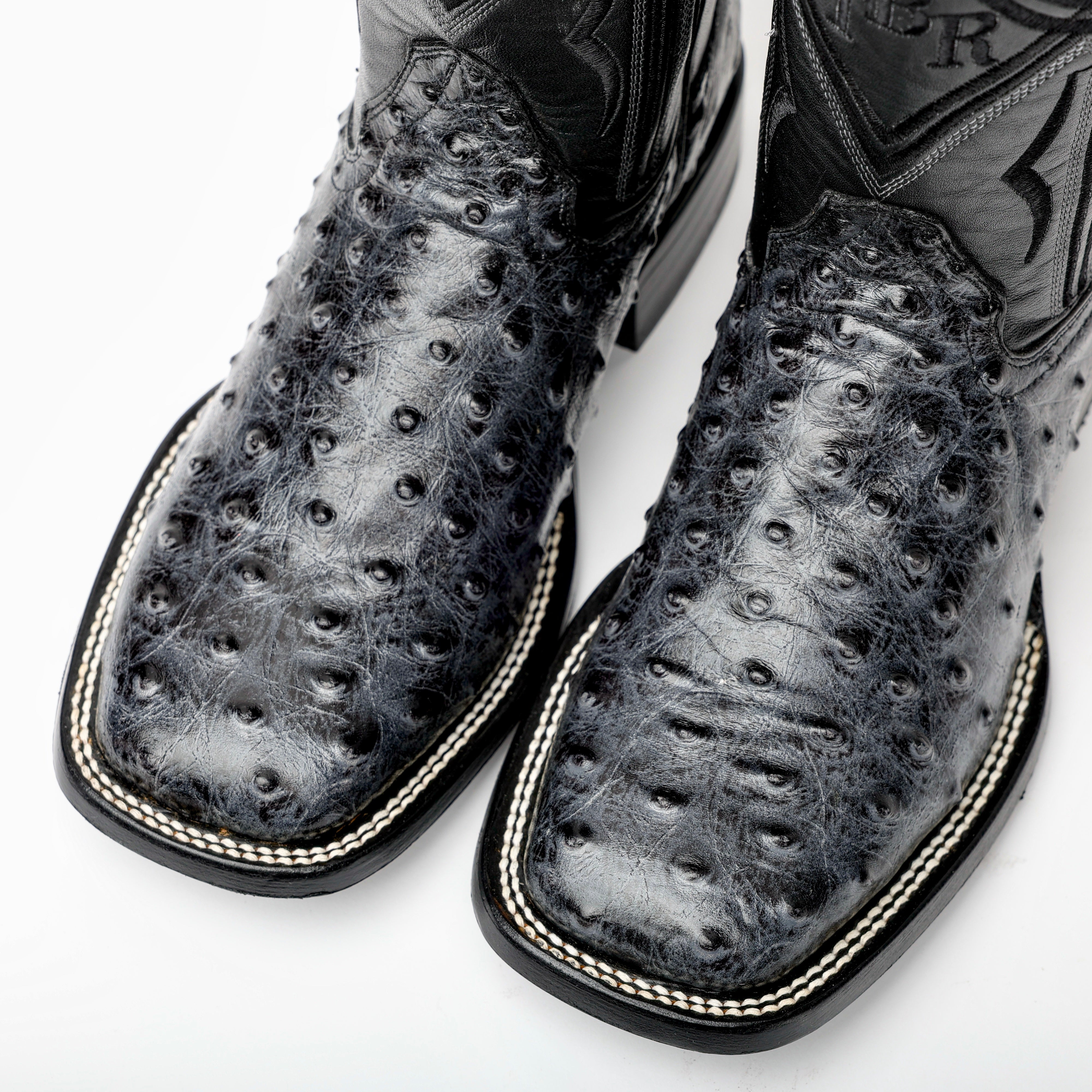 Grey Ostrich Leather Boots - Square Toe