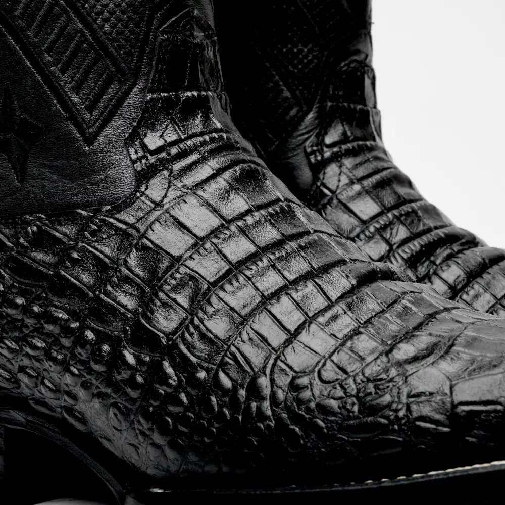 Total Black Caiman Belly Leather Boots - Square Toe