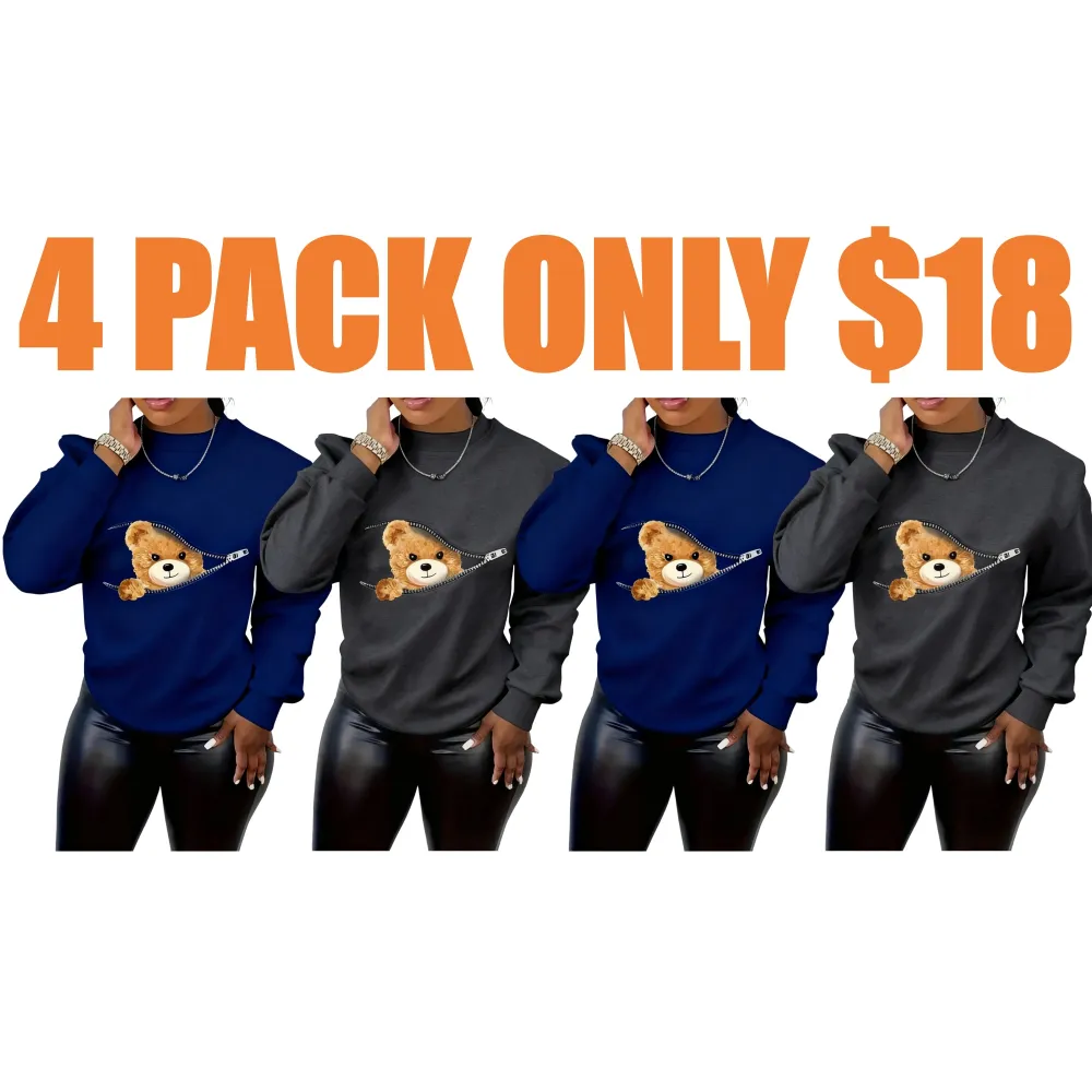 Women's Cartoon Bear Print Drop Shoulder Longsleeves