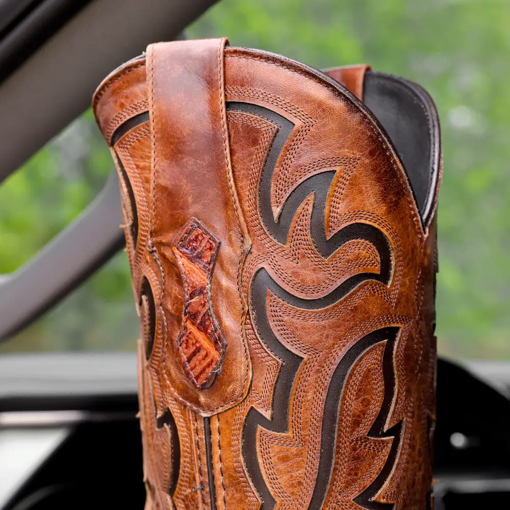 Cognac Caiman Neck Leather Boots - Square Toe