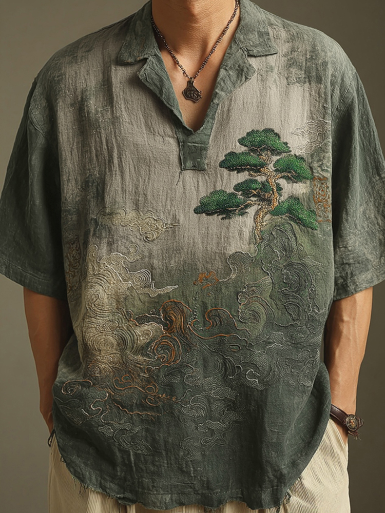Men's Retro Landscape Embroidery Casual Lapel Short Sleeve Shirt
