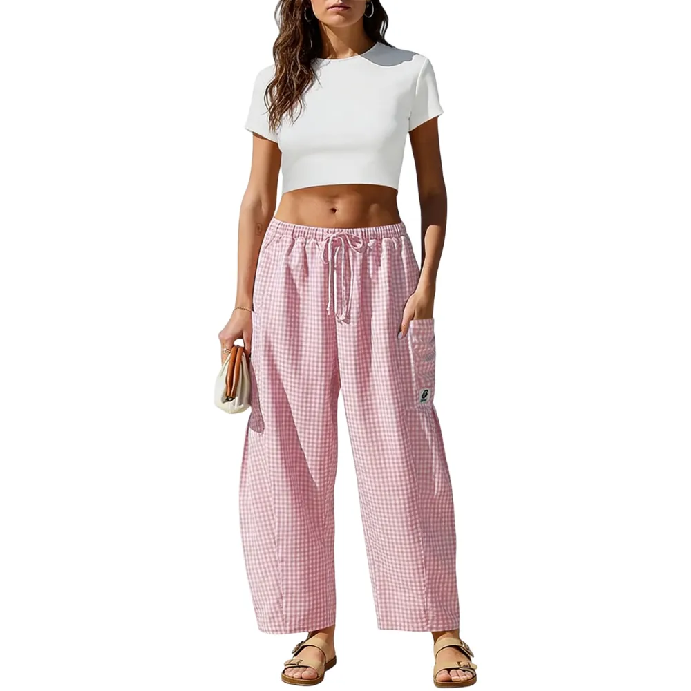 Womens Wide Leg Gingham Striped Plaid Pants