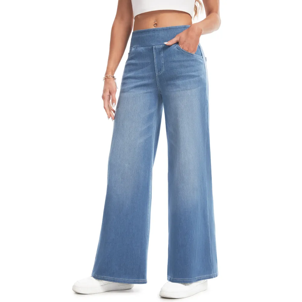 Women’s High Waisted Stretch Wide Leg Jeans – Pull On Tummy Control Elastic Waist Denim Pants with Pockets