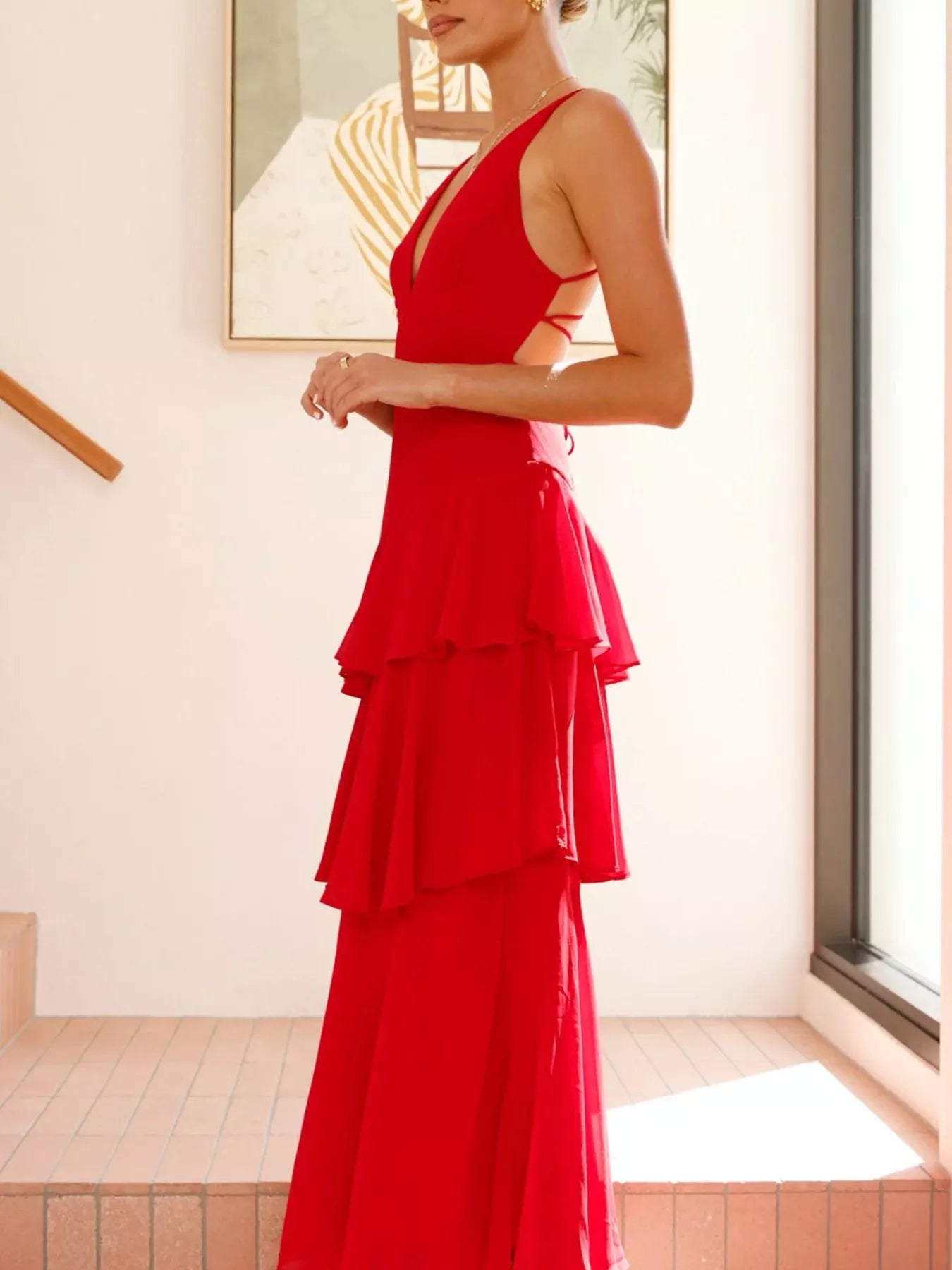 Sleeveless Ruffled Layered Backless Maxi Dress