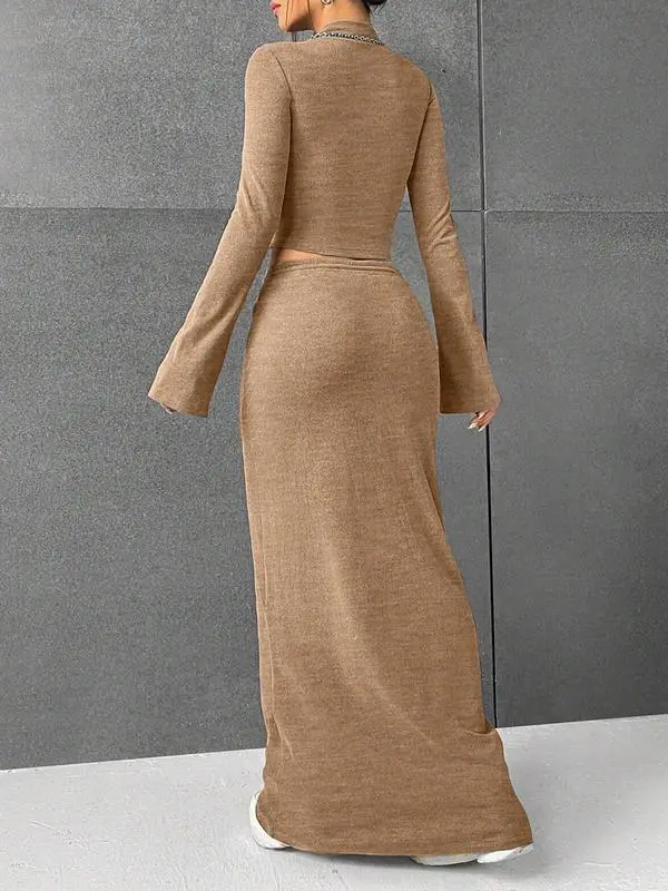 Women's Solid Flounce Sleeve Crop Tee & Skirt Two-piece Set