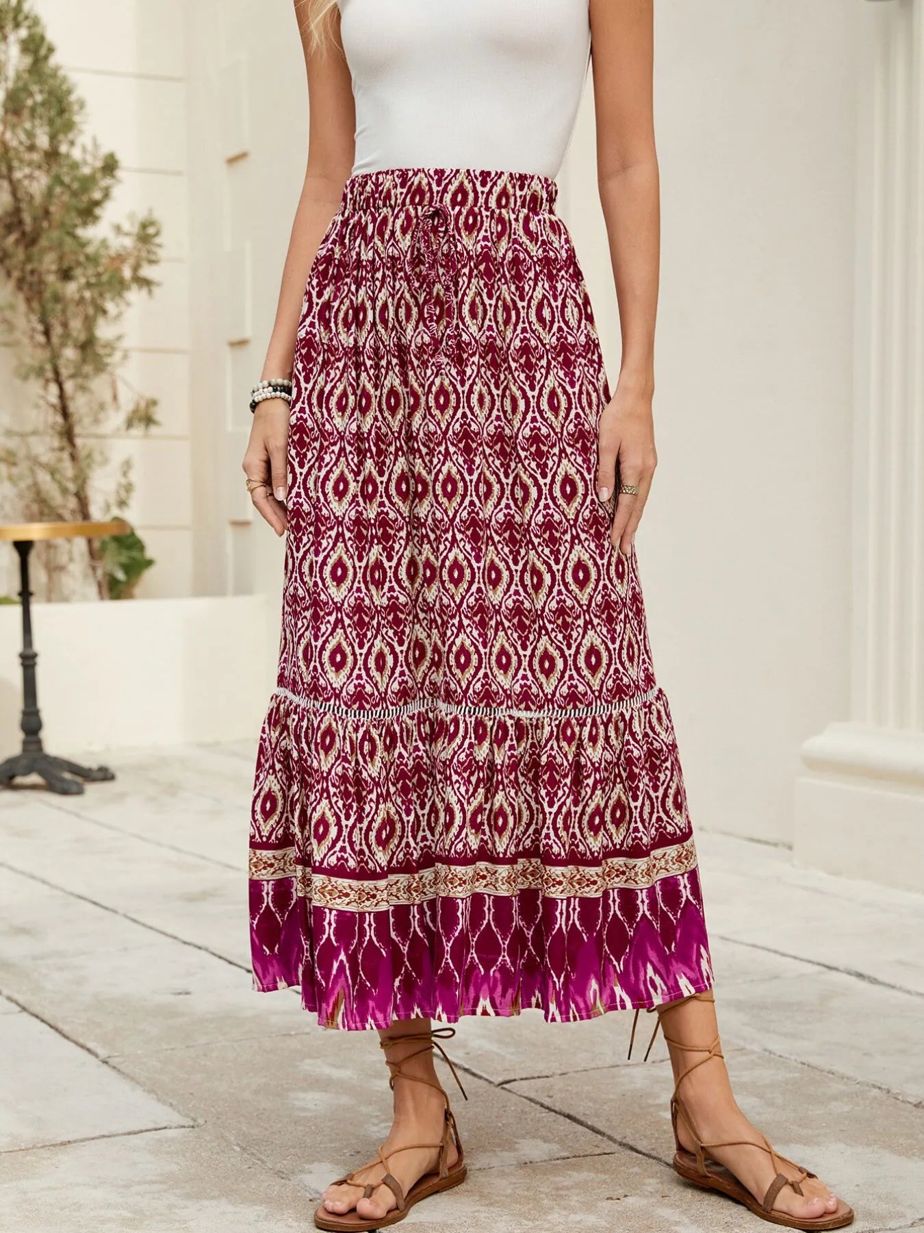 Bohemian Printed Ruched Maxi Skirt