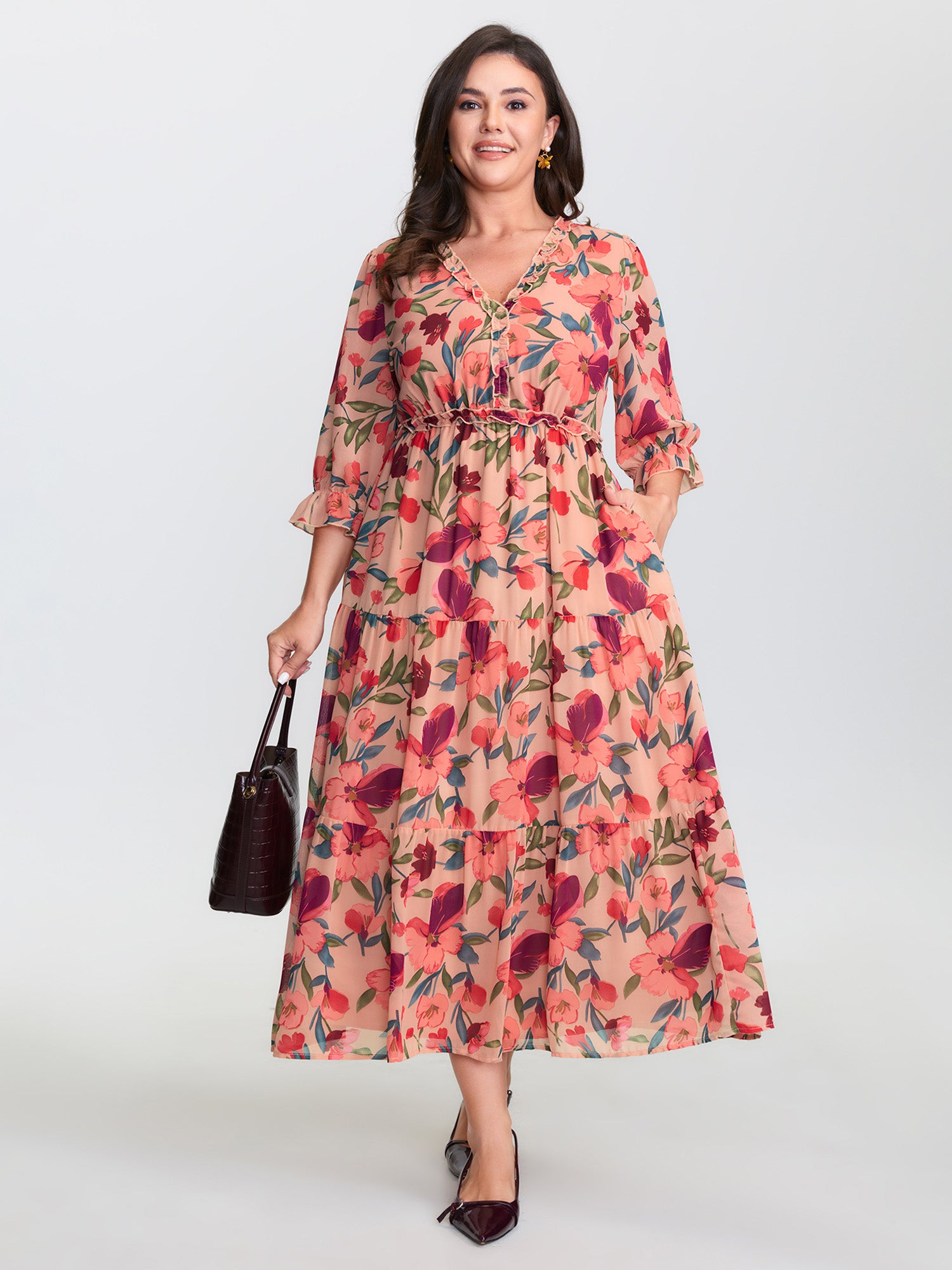 Romantic Floral Print Ruffled Edge Maxi Dress