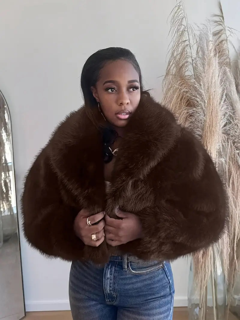 Women's Solid Color Faux Fur Jacket, Casual Fashionable Short Fuzzy Jacket for Fall & Winter, Women's Clothing for Daily Wear, Coat