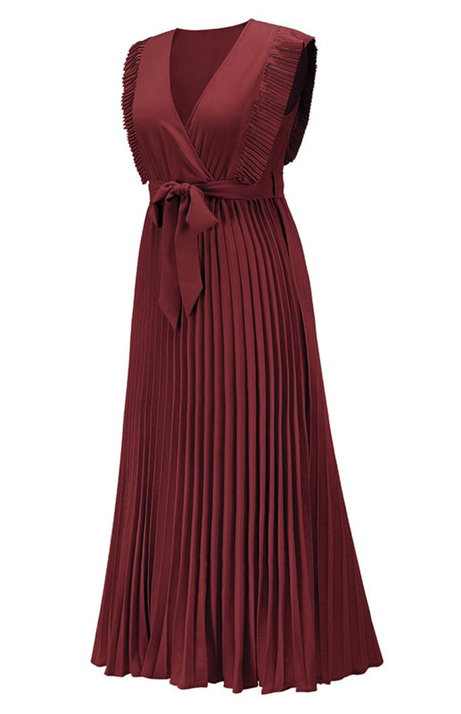 Beach Lotus Leaf Sleeve Chiffon Pleated Skirt Solid Color Dress