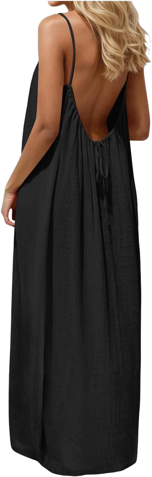 Backless Cami Dresses for Women Cami Lounge Dress Backless Sleeveless House Dress Long Sundress with Back Tie