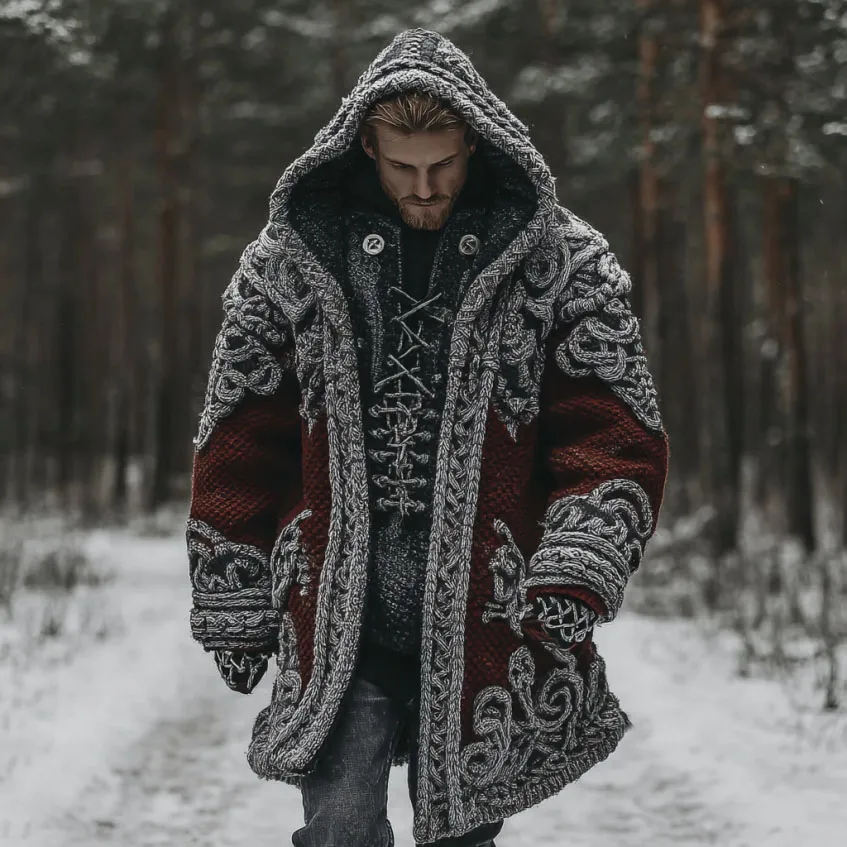 Men's Viking Celtic Knot Contrast Cozy Midi Cardigan Sweater