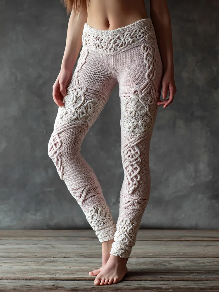 Vintage Viking Celtic Knot Knit Jacquard Cozy Leggings